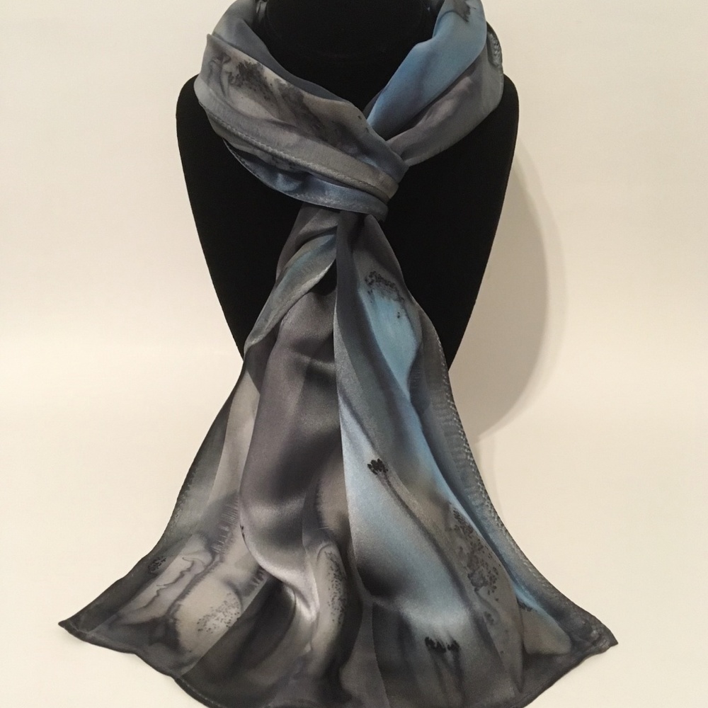 Hand Painted Silk Scarf Light Blue Charcoal Silver